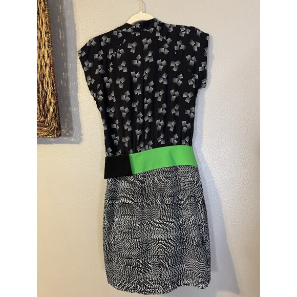 Diane von Furstenberg DVF Stretch Silk Dress 2 Black Green Ivory Short Sleeve - Picture 13 of 16